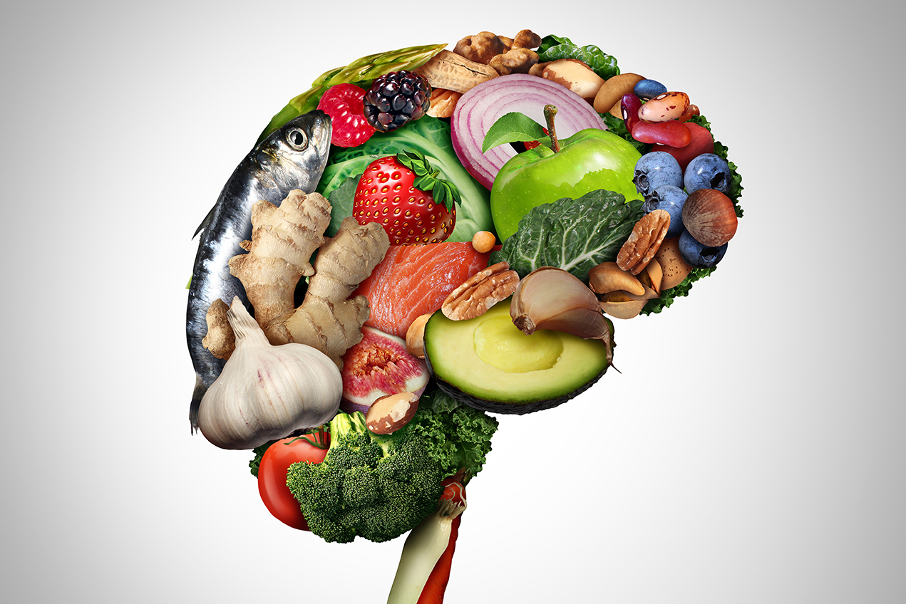 Healthy foods form the shape of a brain
