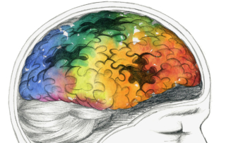 A see-through illustration of a head features a colorful jigsaw puzzle of a brain with three pieces missing