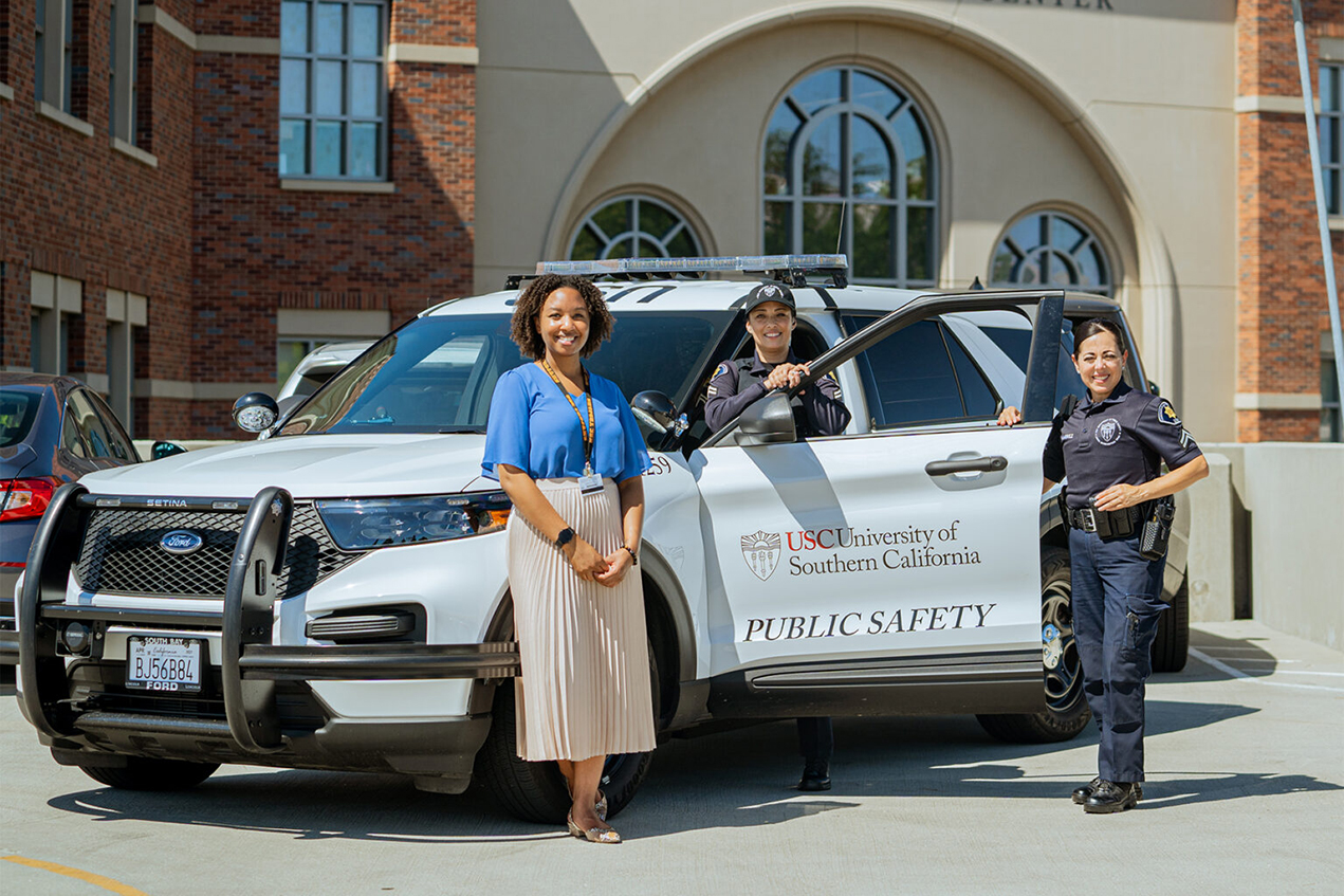 Xonielle Jordan, LCSW, (pictured with DPS Officers Priscilla Quezada and Michelle Velasco Ramirez left to right), is one of five USC Student Health counselors who will come to the aid of students in crisis.