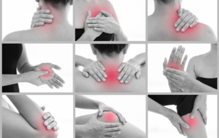 A collection of black and white photos show a woman suffering pain, indicated in red, at different parts of her body