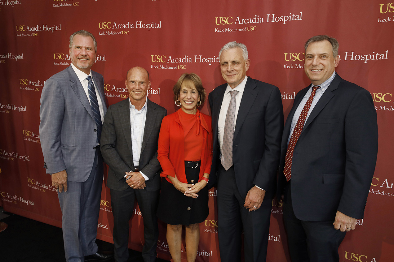Pictured left to right: USC Arcadia Hospital President and CEO Dan F. Ausman, MPA, Keck Medicine of USC CEO Rodney B. Hanners, BS, USC President Carol L. Folt, PhD, USC Senior Vice President for Health Affairs Steven Shapiro, MD and USC Arcadia Hospital Chairman of the Board William Petmecky III, MBA