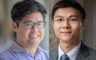 Two side-by-side portraits each feature a bespectacled, professionally dressed man