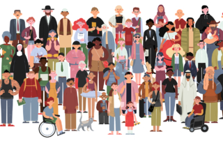 An illustration shows a racially and ethnically diverse crowd of people.