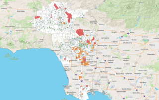 A color-coded map shows density markers of different locations in Southern California