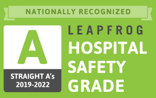 A green banner announces Keck Hospital of USC's seventh consecutive 'A' grade from The Leapfrog Group.