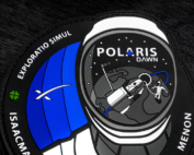 A space flight mission pass features a logo of an astronaut's helmet reflecting a distant astronaut executing a space walk