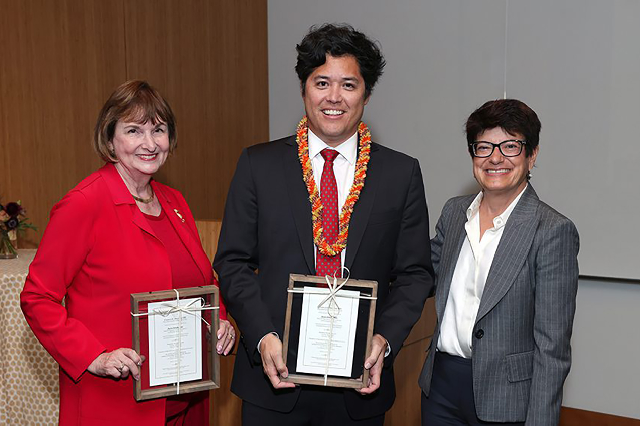Cheryl Mae Craft, PhD (left), Justin Ichida, PhD (center), and Carolyn Meltzer, MD (right), at the celebration honoring Ichida's accomplishments.