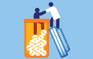 A simple illustration depicts a doctor helping a patient out of a bottle of pills.