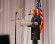University of Southern California President Carol L. Folt speaks at a podium