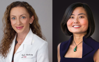 Two side-by-side professional headshots feature two women, one in a white coat.