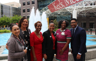 B.L.A.C.K. Med leaders stand in front of Keck Medical Center's main fountain.