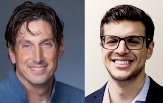 Two side by side professional headshots show a man with angular features and a younger, bespectacled man
