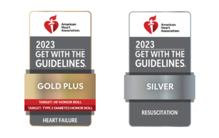 Two 2023 Get With the Guidelines badges honoring Keck Medicine as Gold Plus honorees in heart failure and silver honorees in resuscitation