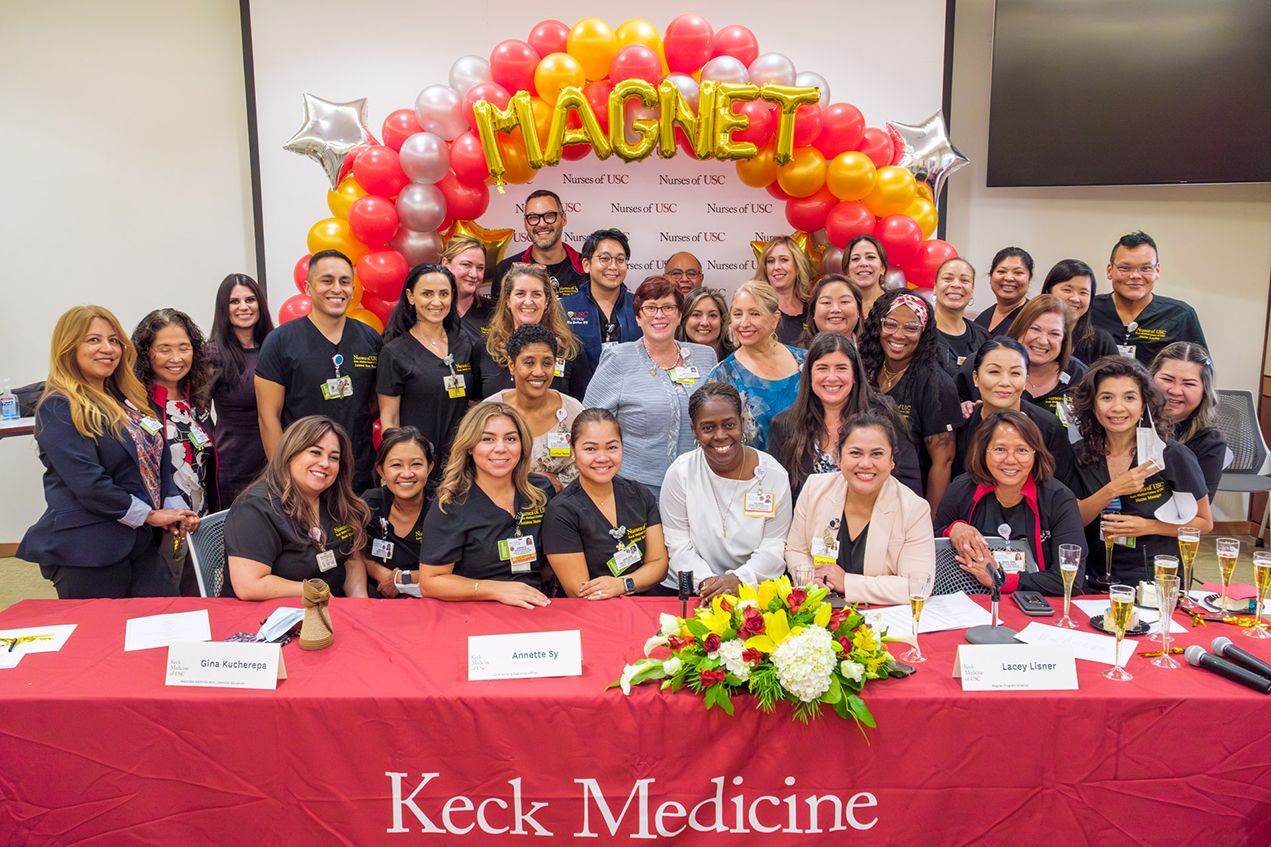 At an event celebrating the redesignation, Annette Sy, DNP, RN, RN, NE-BC, chief nursing executive for Keck Medical Center (center), praised Keck Hospital nurses for their talent, compassion, generosity and fortitude in the face of adversity.
