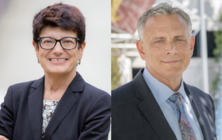 Two side-by-side professional headshots feature a woman with glasses and a silver-haired man