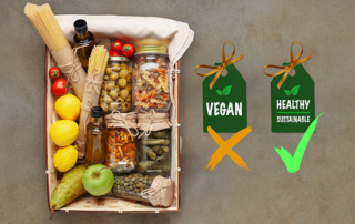 A diagram to the right of a vegan gift basket indicates a 'no' for the word vegan and a 'yes' for the words 'health' and 'sustainability.'