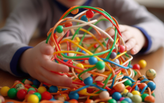 A small child plays with sensory toys