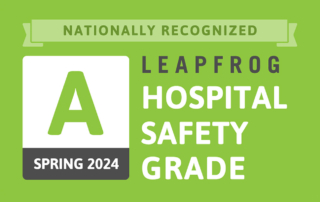 A banner shows a letter A and reads "Nationally Recognized: Leapfrog Hospital Safety Grade"