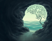 A path leads from deep within a cave to a doorway shaped like a head with a tree shaped like a brain, symbolizing treatment-resistant depression recovery.