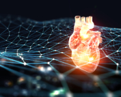 A hi-tech illustration shows an illuminated human heart floating amidst an intricate net, representing advanced cardiac care.