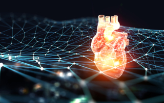 A hi-tech illustration shows an illuminated human heart floating amidst an intricate net, representing advanced cardiac care.