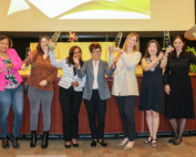 Keck School of Medicine of USC Dean Carolyn Meltzer, MD, stands proudly with the recipients of this year's faculty awards.