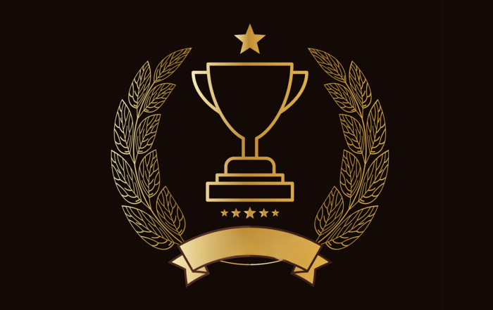 A gold occupational therapy award trophy surrounded by stars and laurels stands out against a black background