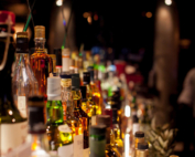 Alcohol stands on a bar shelf