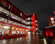 At Keck Medical Center of USC, Healthcare Center 2 is one of several buildings illuminated red for National Wear Red Day.