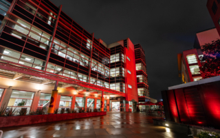 At Keck Medical Center of USC, Healthcare Center 2 is one of several buildings illuminated red for National Wear Red Day.