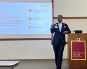 Ike Mmeje, MHSA, President and CEO of USC Arcadia Hospital, leads a town hall for hospital staff.