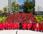 Vassilios Papadopoulos, DPharm, PhD, dean of the USC Alfred E. Mann School of Pharmacy and Pharmaceutical Sciences, with the class of 2025.