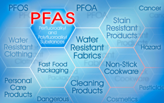 A diagram illustrates the many human-made products that contain PFAS and transmit them to humans.