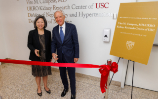 Susan B. Gurley, MD, PhD, chair of the Chair of Department of Medicine at the Keck School of Medicine of USC, and Vito M. Campese, MD, PhD, at the dedication ceremony for the renamed Vito M. Campese, MD/UKRO Kidney Research Center of USC